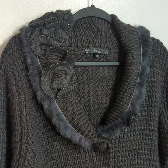 Sioni Gray Wool Blend Rabbit Fur Trim Thick Cable Knit Chunky Cardigan Sweater L - Picture 3 of 10